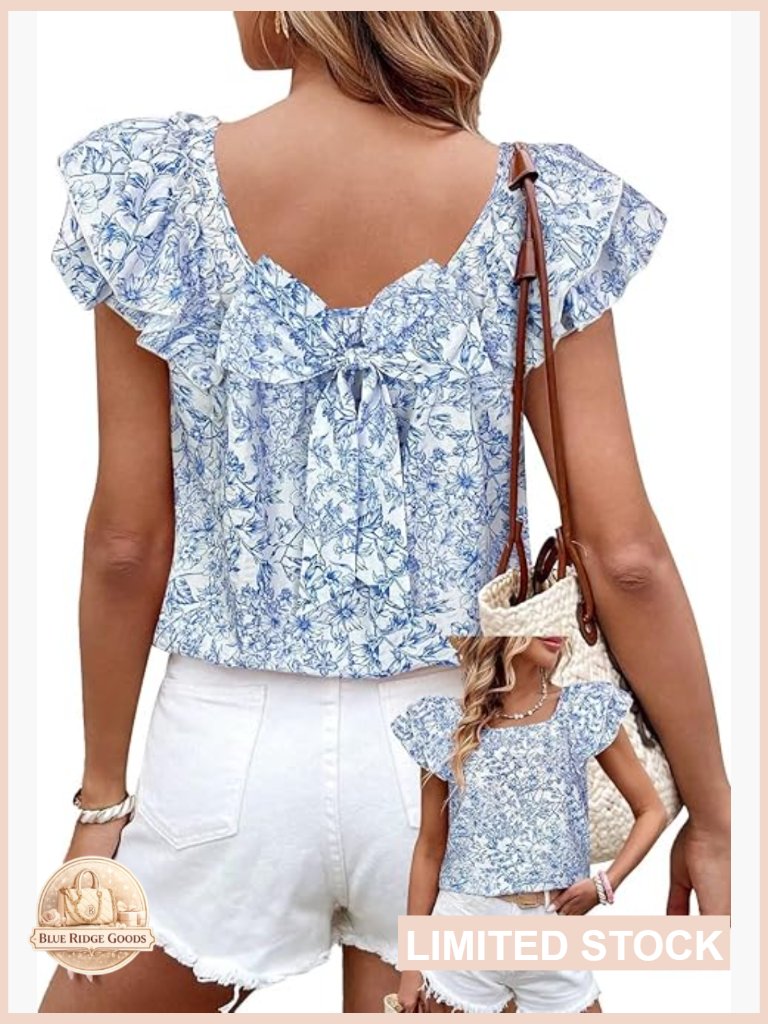 Chiffon Babydoll Blouse Bow Tie Back Ruffle Sleeve Elegant Chic Tunic Top